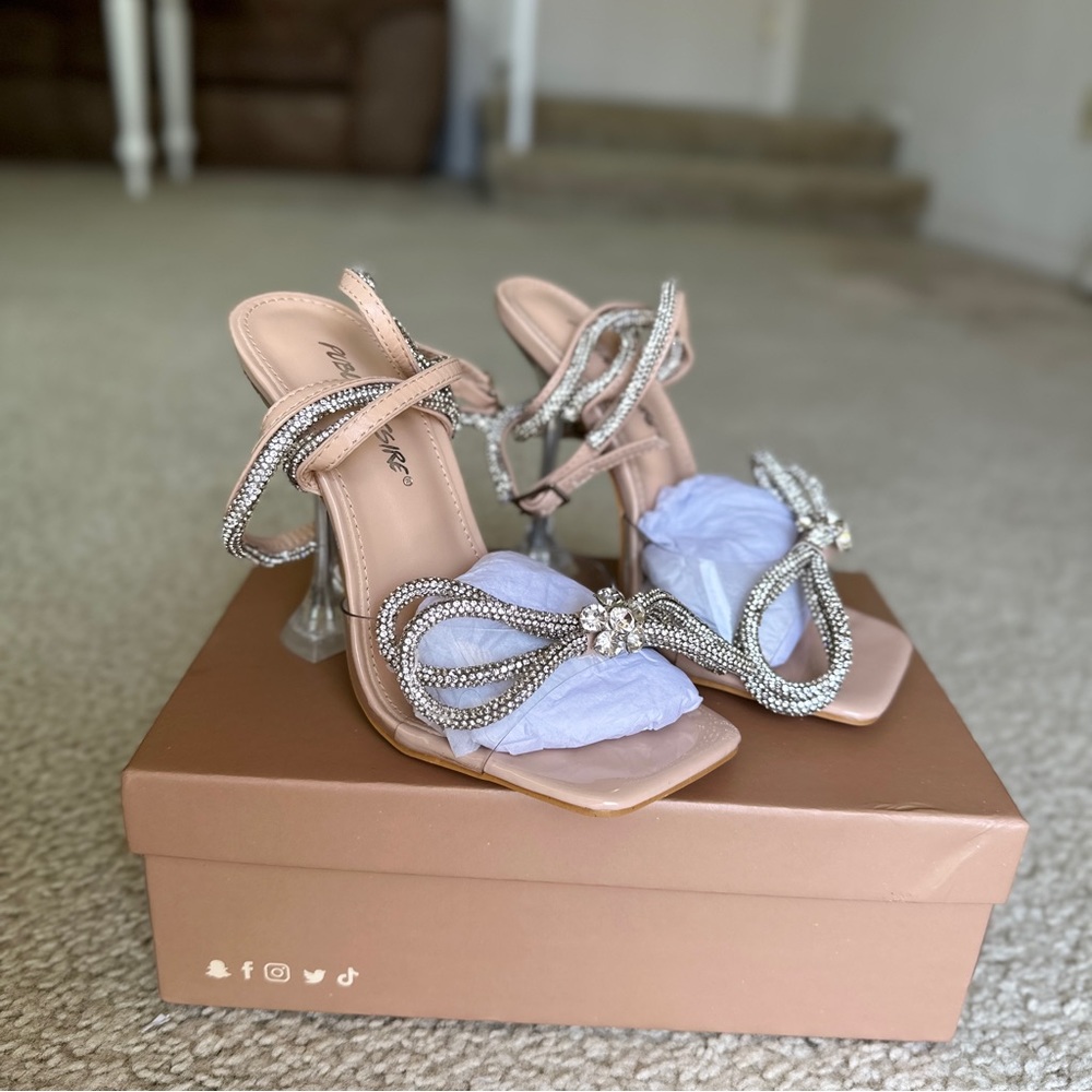 Glimmer Nude Patent Wrap Around Diamante Bow Square Toe Heels!